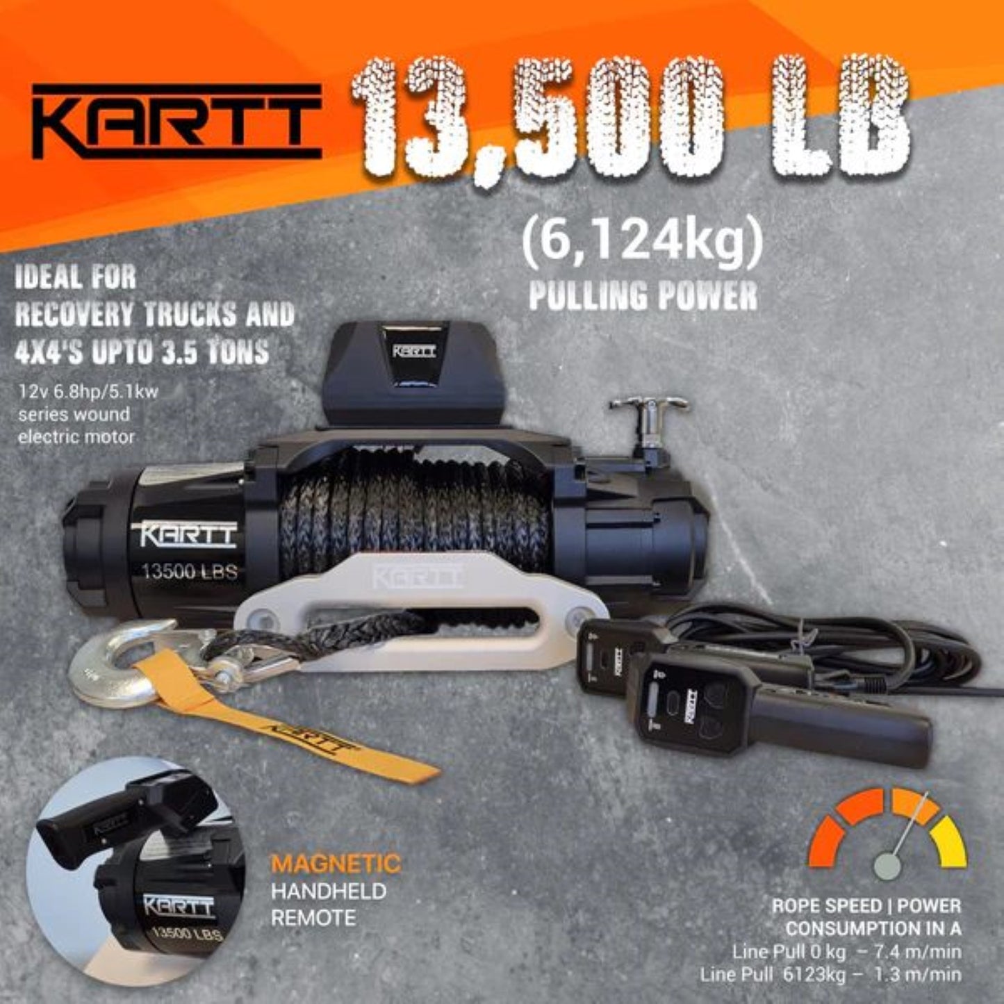 13500 lbs 12v Electric Winch Synthetic Rope